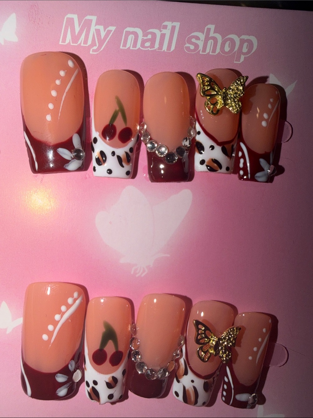 Peach Cherry Press-On Nails with Rhinestones and Gold Butterfly